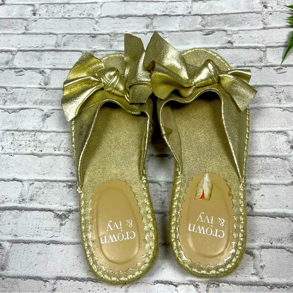 Crown & Ivy Womens Keisha Metallic Bow Espadrille Slide Sandals Sz 7 Preppy Gold - Picture 7 of 10